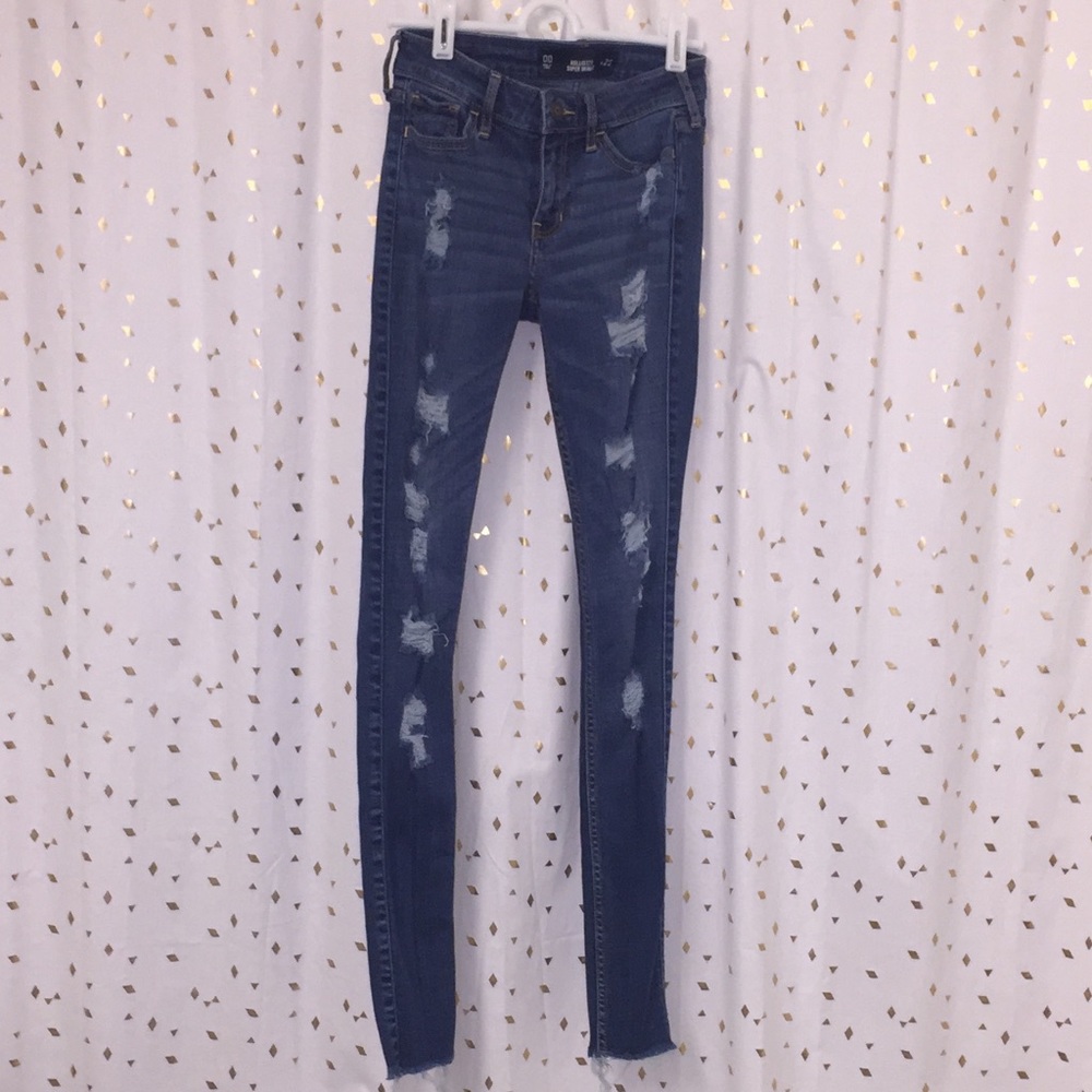 Distressed blue jeans